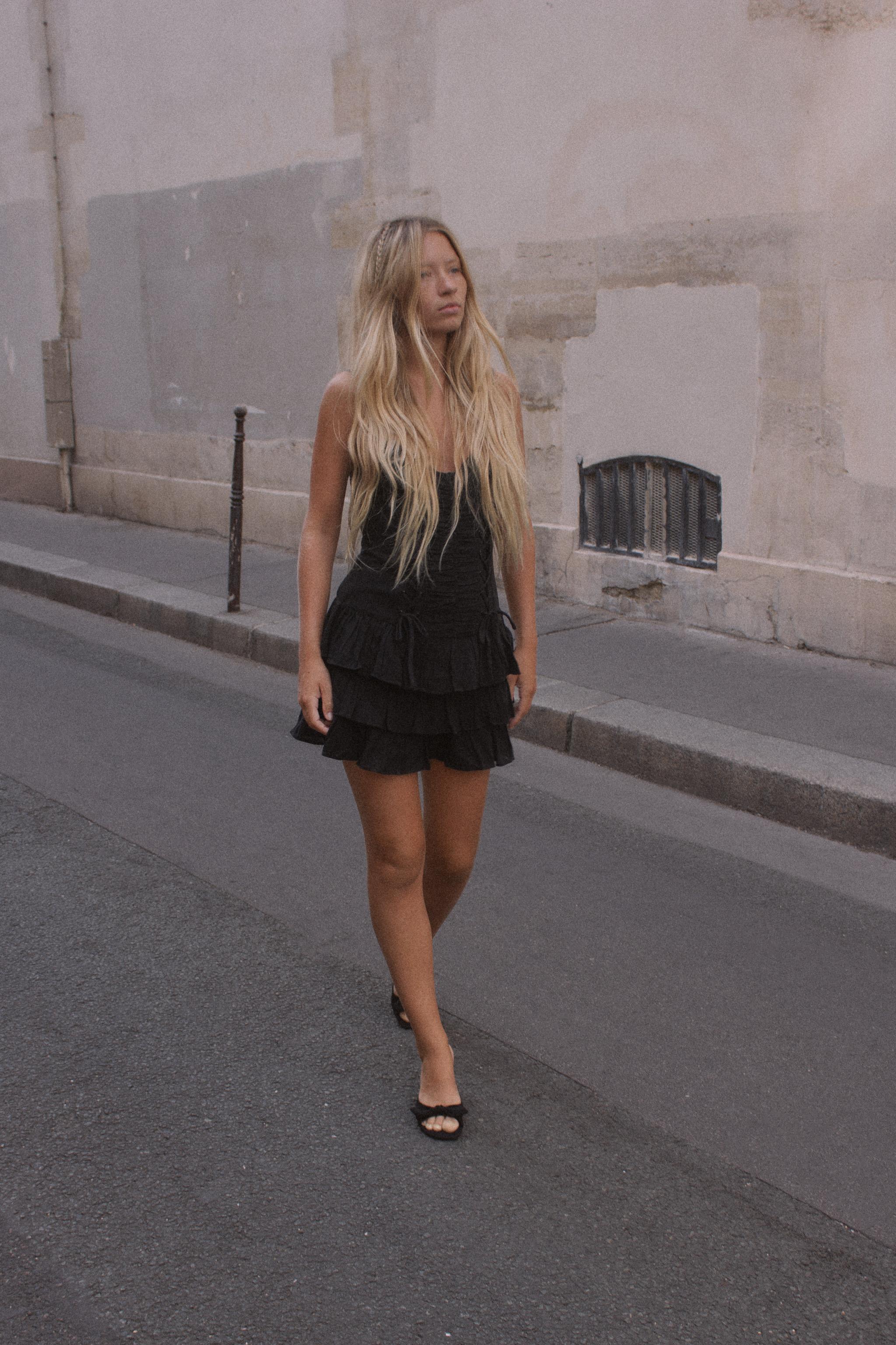 LACE-UP RUFFLE MINI DRESS